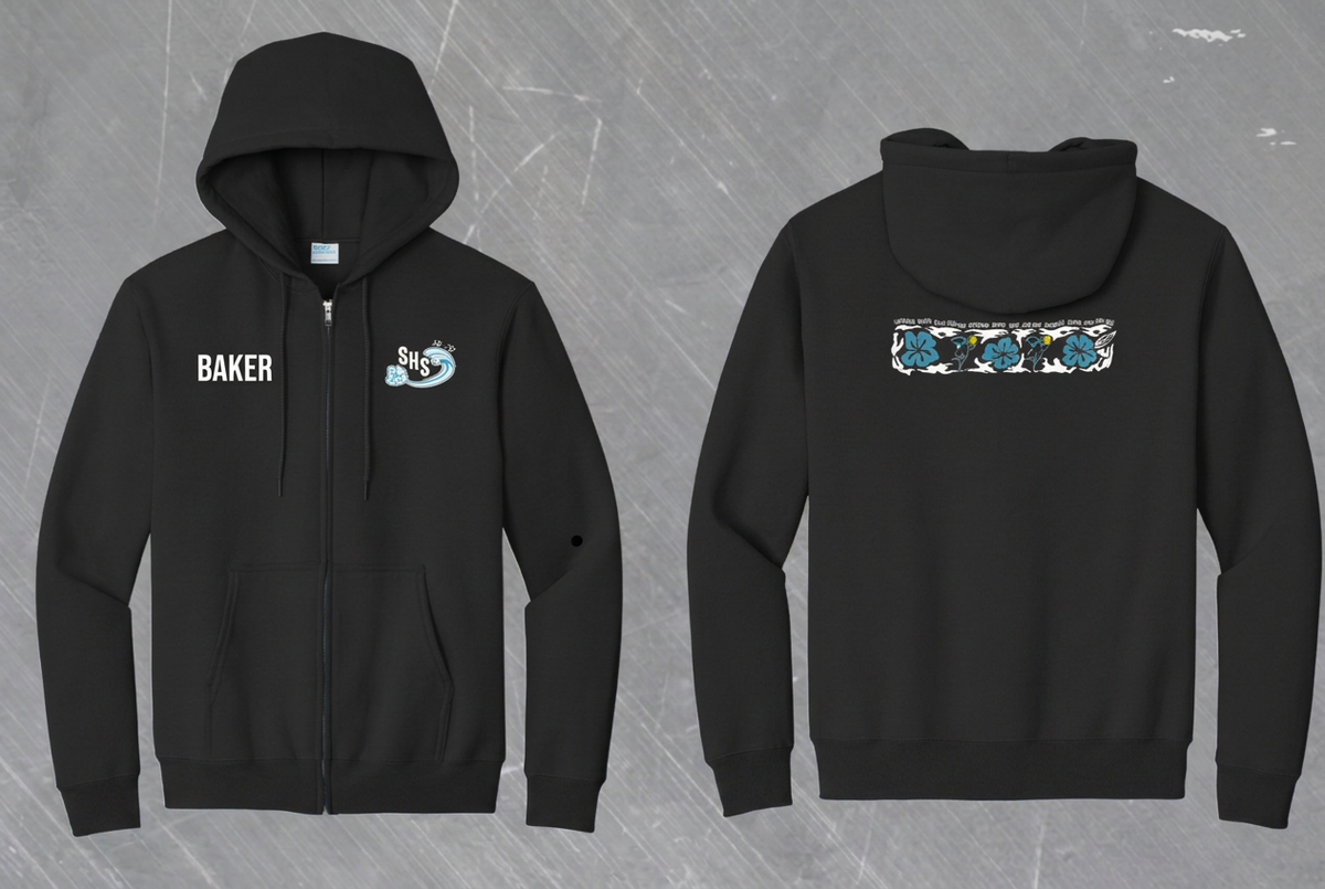 Hoodie mockup with BAKER in white on the opposite chest from the logo