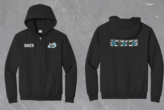 Hoodie mockup with BAKER in white on the opposite chest from the logo